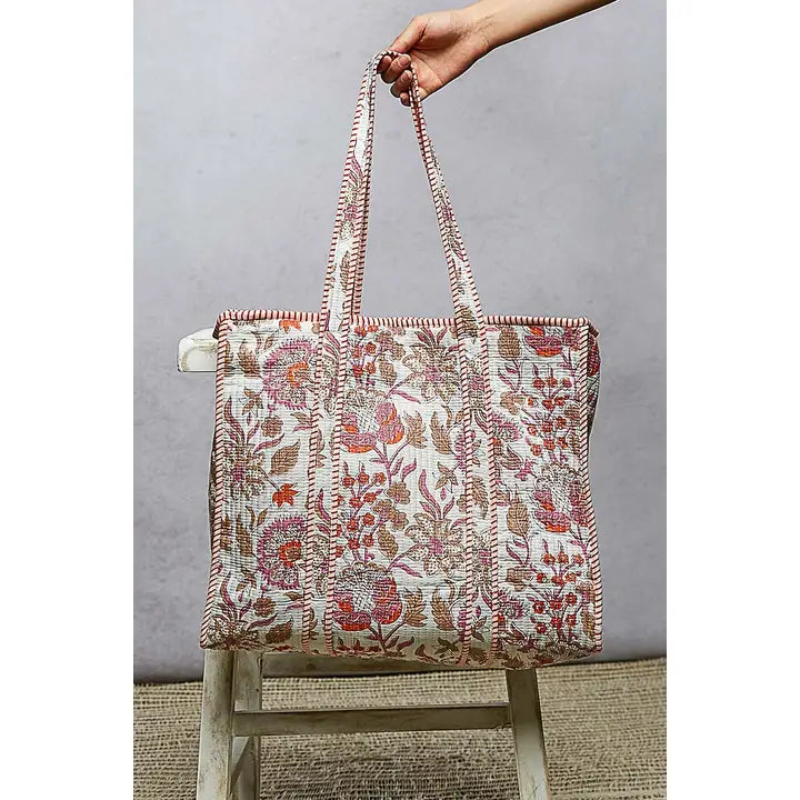 Bohemian Printed Quilted Striped Bias Tape Woven Tote Bag