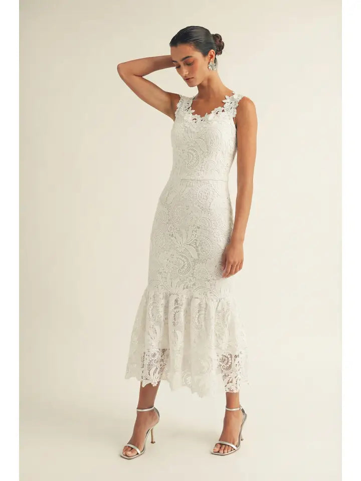 Lace Sleeveless Midi Dress with Flared Hem
