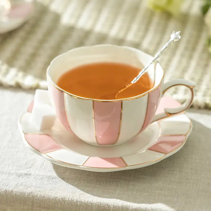 Pink and White Scallop 7oz Fine Porcelain Tea Cup and Saucer