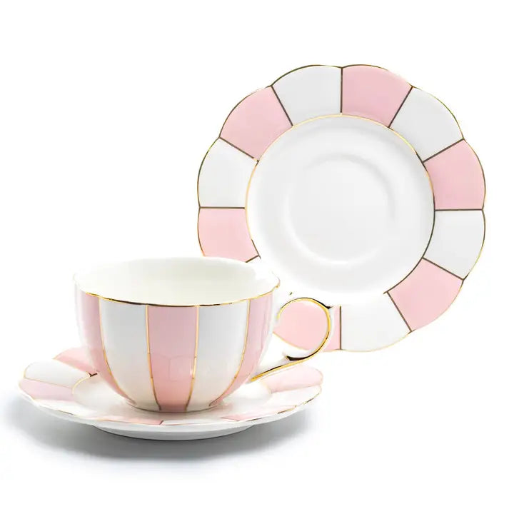Pink and White Scallop 7oz Fine Porcelain Tea Cup and Saucer