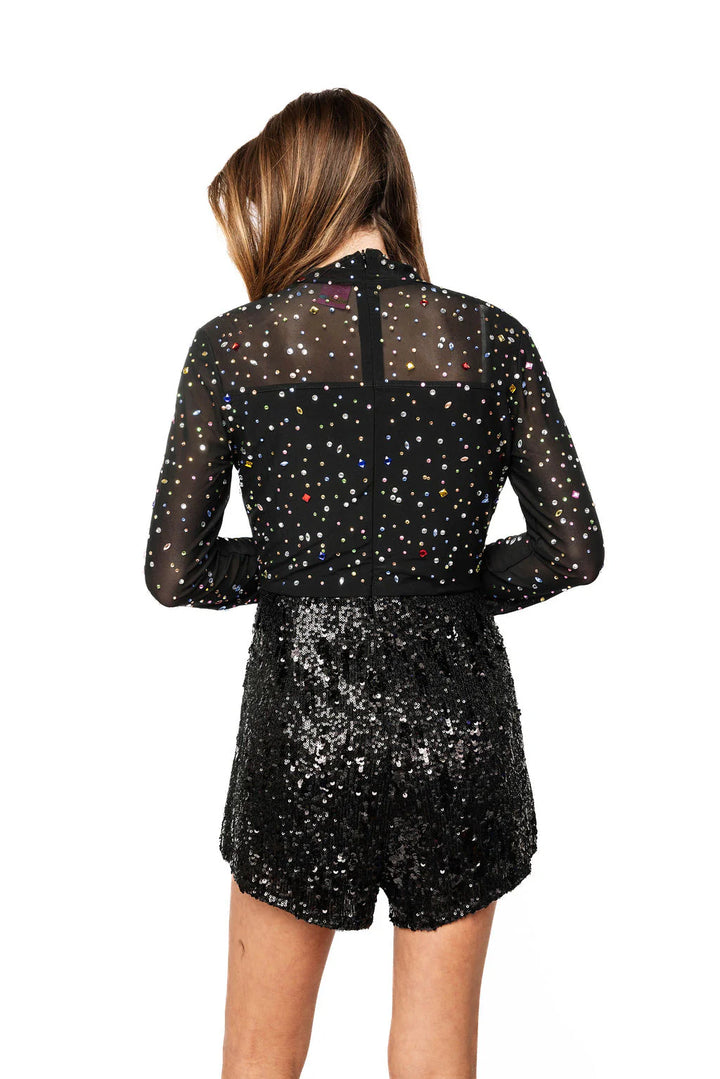 Queen of Sparkles - Black Feather Sleeve Multi Rhinestone Sequin Short Romper