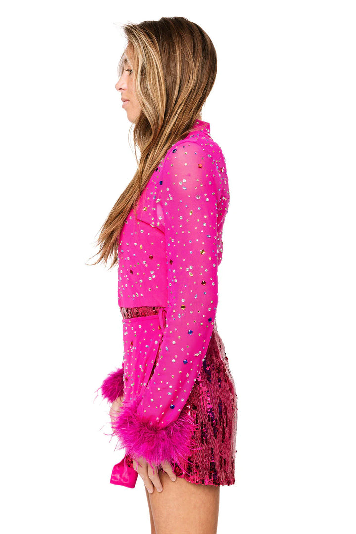 Queen of Sparkles - Pink Feather Sleeve Multi Rhinestone Sequin Short Romper