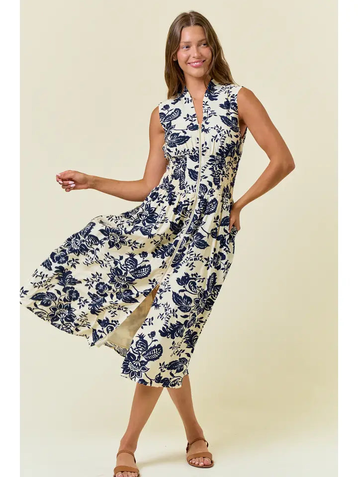 Paisley V-Neck Smocked Waist Zip Front Midi Dress